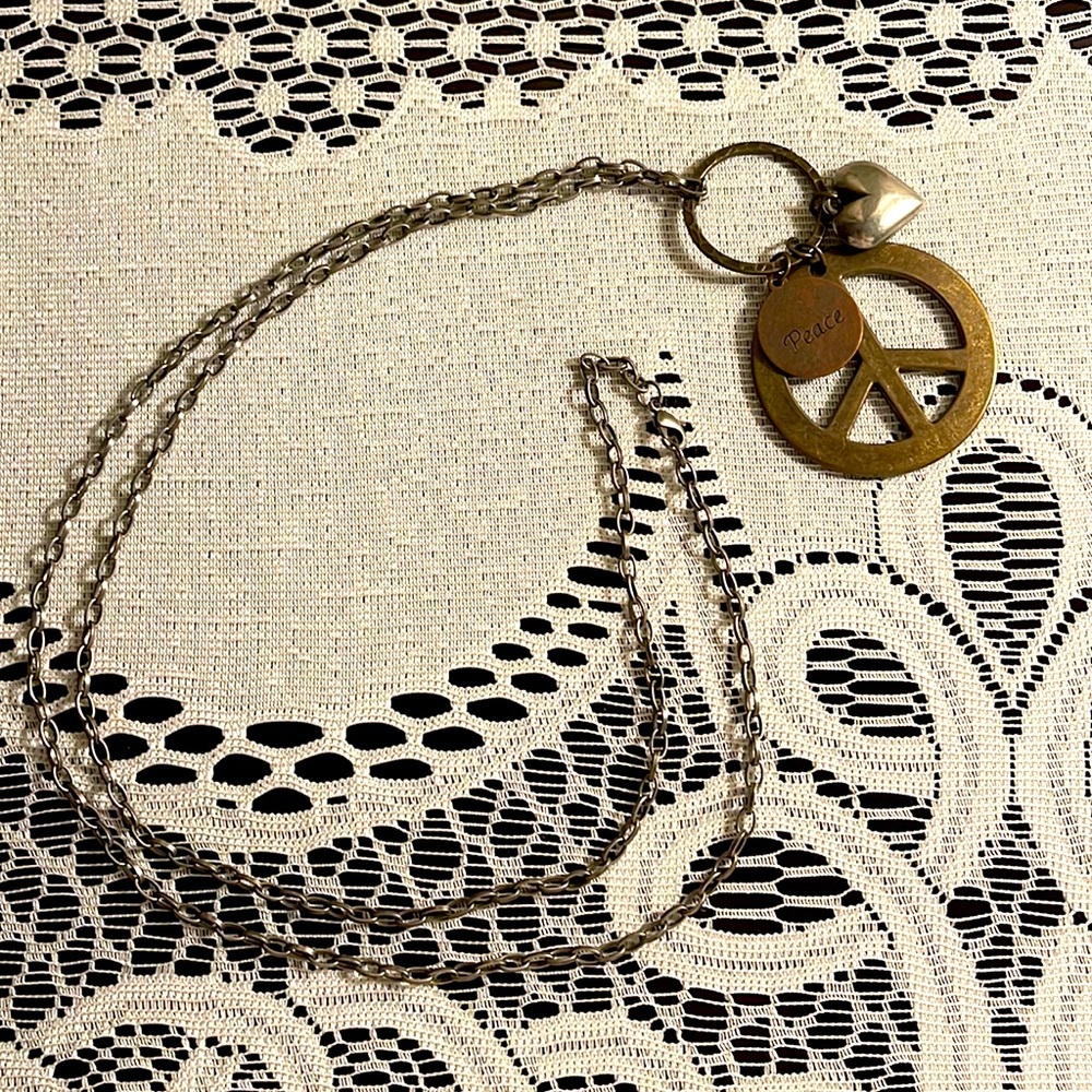 Long Peace Necklace with Heart - Dark Gold and Silver